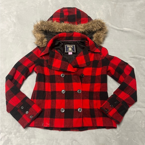VS PINK Red and Black Plaid Peacoat with Faux Fur Hood - Picture 1 of 7